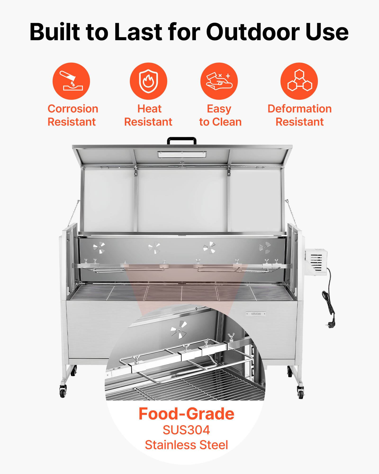 Built to Last for Outdoor Use

- Corrosion Resistant
- Heat Resistant
- Easy to Clean
- Deformation Resistant

Food-Grade SUS304 Stainless Steel