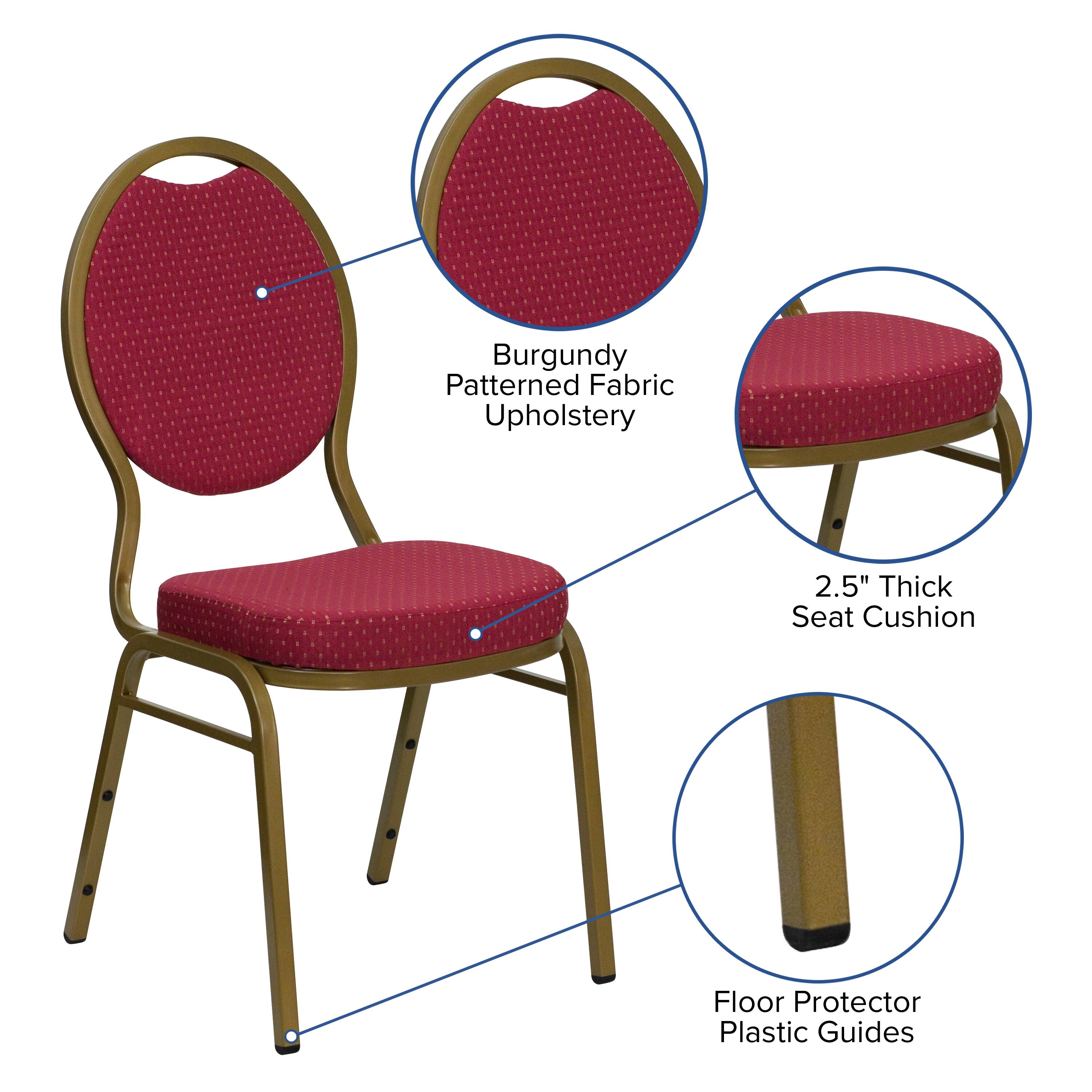 Burgundy Patterned Fabric Upholstery  
2.5" Thick Seat Cushion  
Floor Protector Plastic Guides