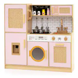 Costway - Wooden Kids Kitchen Playset Pretend Play Kitchen with Real Sounds Lights - Pink