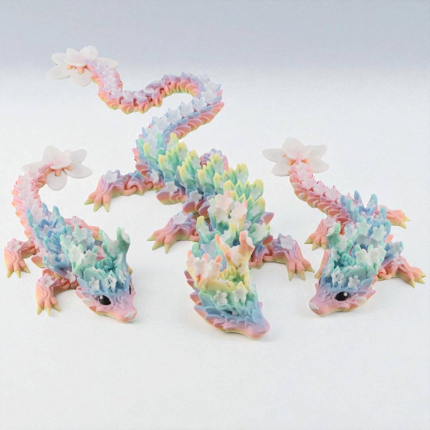 Angle. JuzToys - 3D Printed Dragon Family Set, 1 Adult Blossom Dragon 2 Baby Dragons Articulated Fantasy Figurines by PowerTRC - Multicolored.