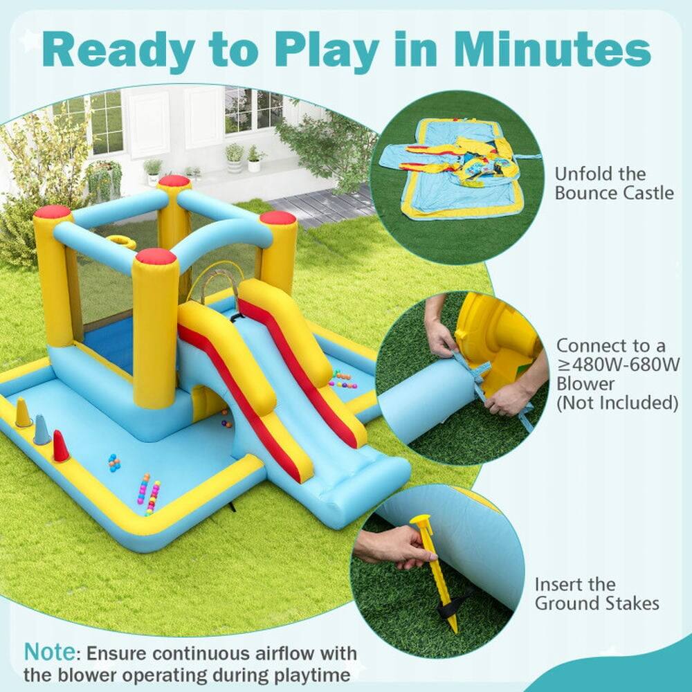 Ready to Play in Minutes

1. Unfold the Bounce Castle
2. Connect to a ≥480W-680W Blower (Not Included)
3. Insert the Ground Stakes

Note: Ensure continuous airflow with the blower operating during playtime