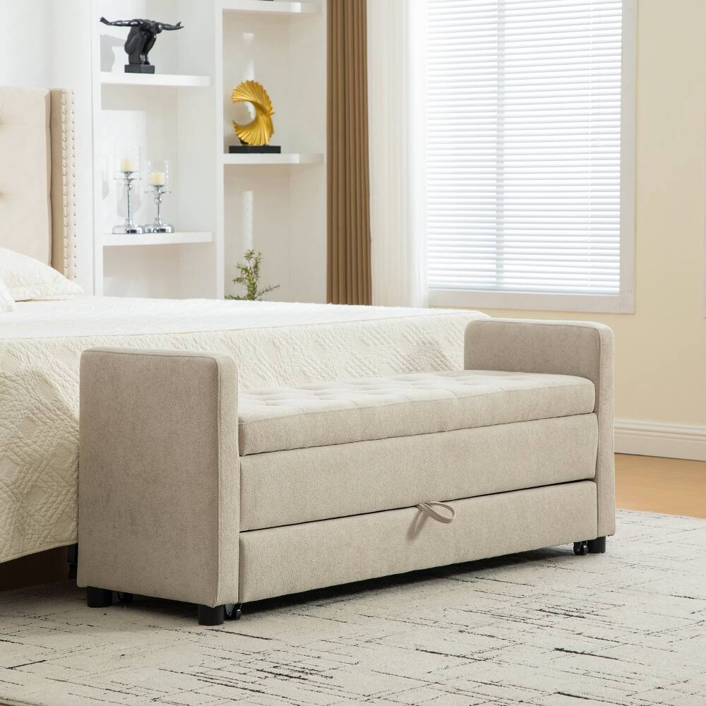 Angle. Ropilly - Ropilly Modern Upholstered Storage Bench with Rolled Armrests Griege Napped Fabric Entryway Bedroom Bench - Griege.