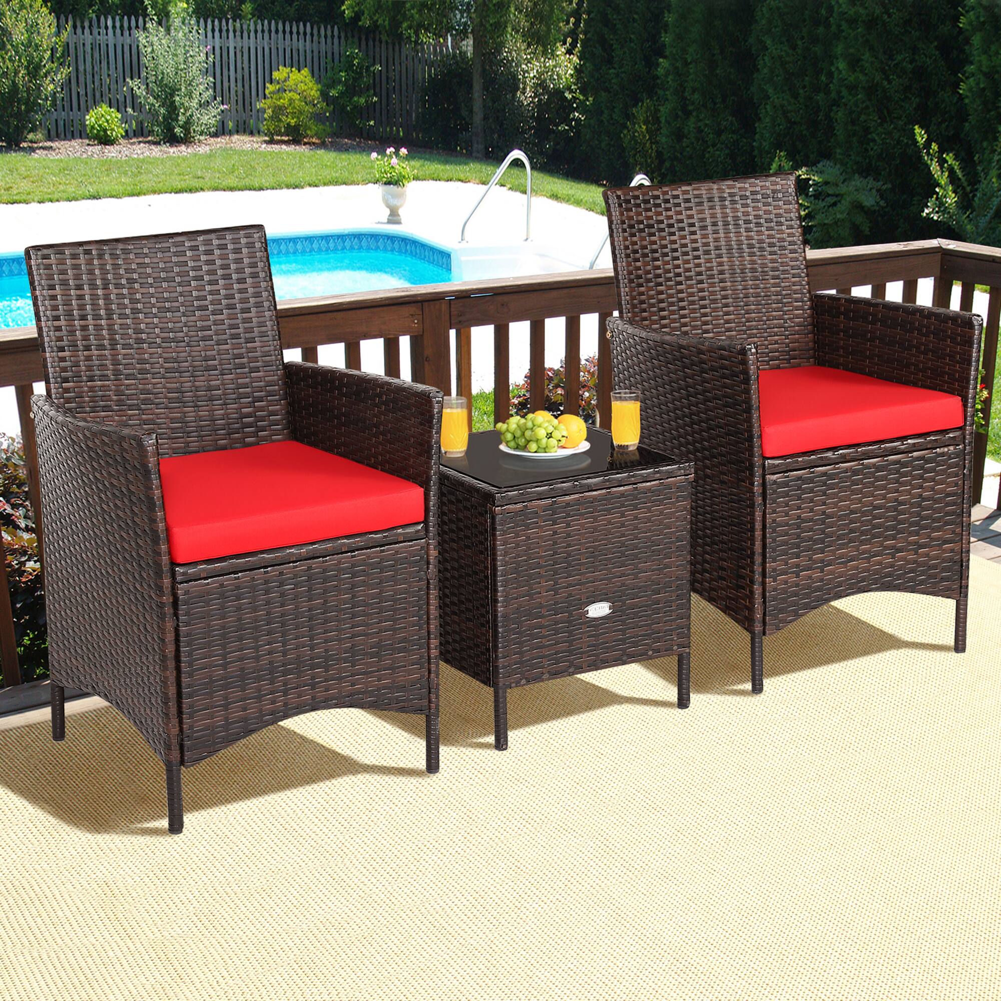 Alt View 5. Gymax - Gymax 3PCS Outdoor Rattan Conversation Set Patio Furniture Set w/ Red Cushions - Brown.