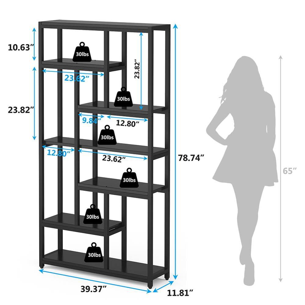 - Height: 78.74"
- Width: 39.37"
- Depth: 11.81"
- Shelf Dimensions:
  - Top Shelf: 23.82" x 10.63"
  - Second Shelf: 23.62" x 9.84"
  - Third Shelf: 12.80" x 12.80"
  - Fourth Shelf: 23.62" x 12.80"
  - Bottom Shelf: 23.82" x 10.63"
- Weight Capacity: 30lbs per shelf
- Overall Height: 65"