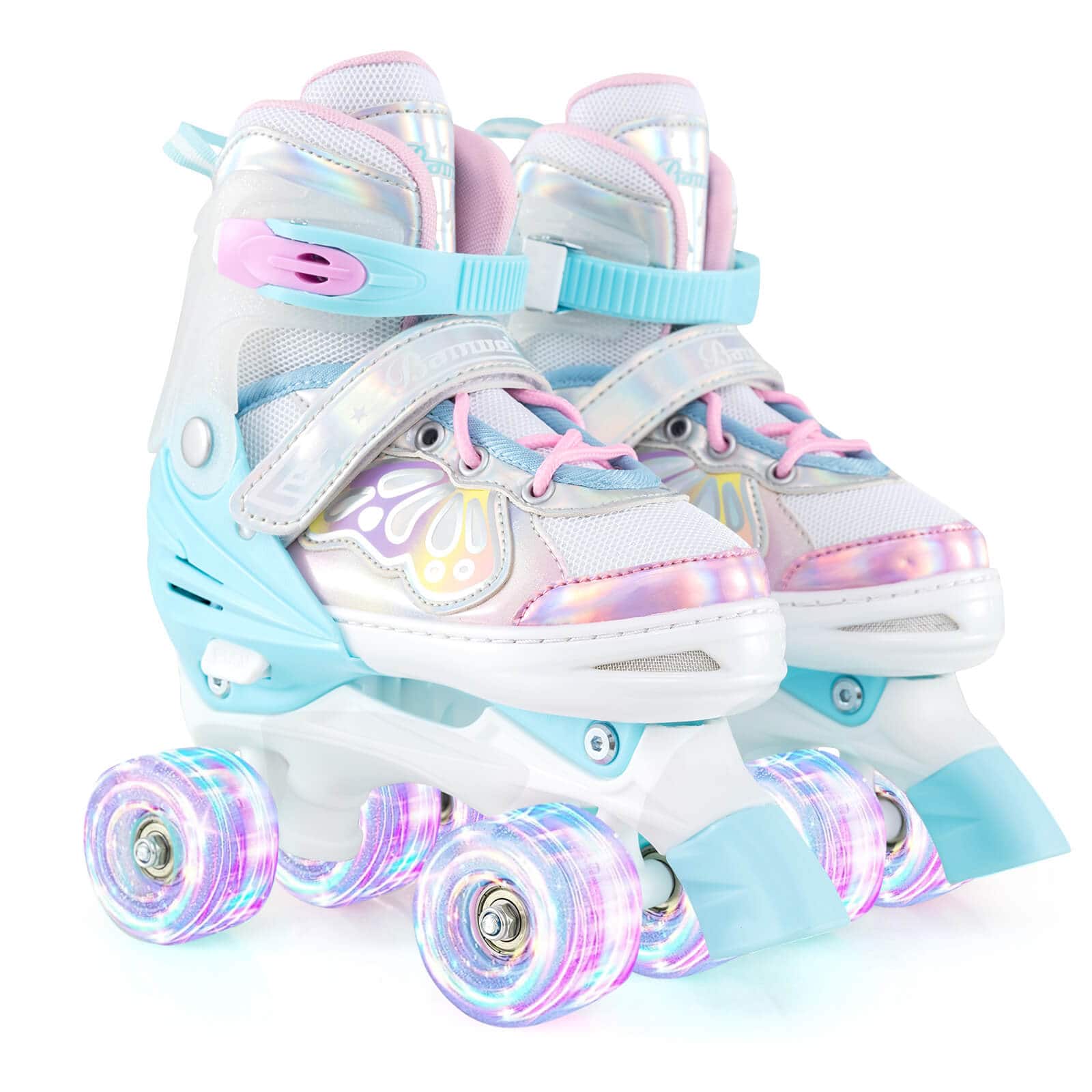 Costway - 4 Sizes Adjustable Quad Skates with Light-up Wheels Safety Protection for Ages 8-13 - Blue