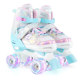 Costway - 4 Sizes Adjustable Quad Skates with Light-up Wheels Safety Protection for Ages 8-13 - Blue