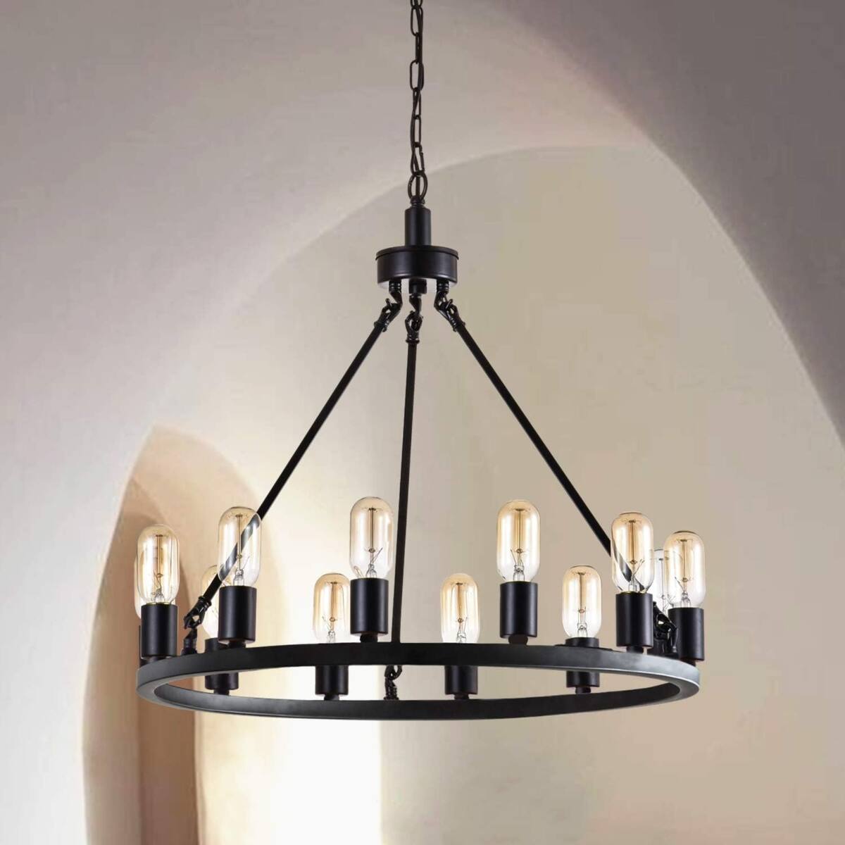 Front. Loheer - Loheer 12 Light Wagon Wheel Chandelier, 24.2 Inch Black Farmhouse Ceiling Fixture.