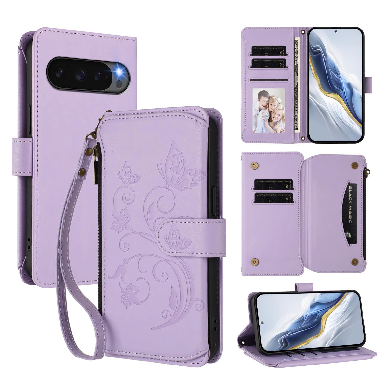Dteck - Crossbody Wallet Case for Google Pixel 10 Pro XL,Embossed Butterfly Flower Folio Cover with Zipper Pocket+Strap - Purple price history on PriceWatchPro