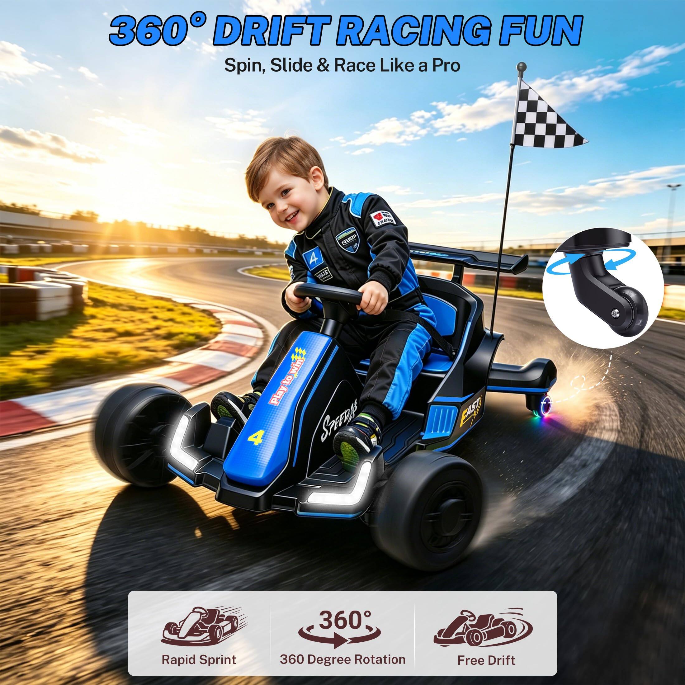 360° DRIFT RACING FUN  
Spin, Slide & Race Like a Pro

2020  
win to Play to 4 SPEEP

360  
Rapid Sprint  
360 Degree Rotation  
Free Drift