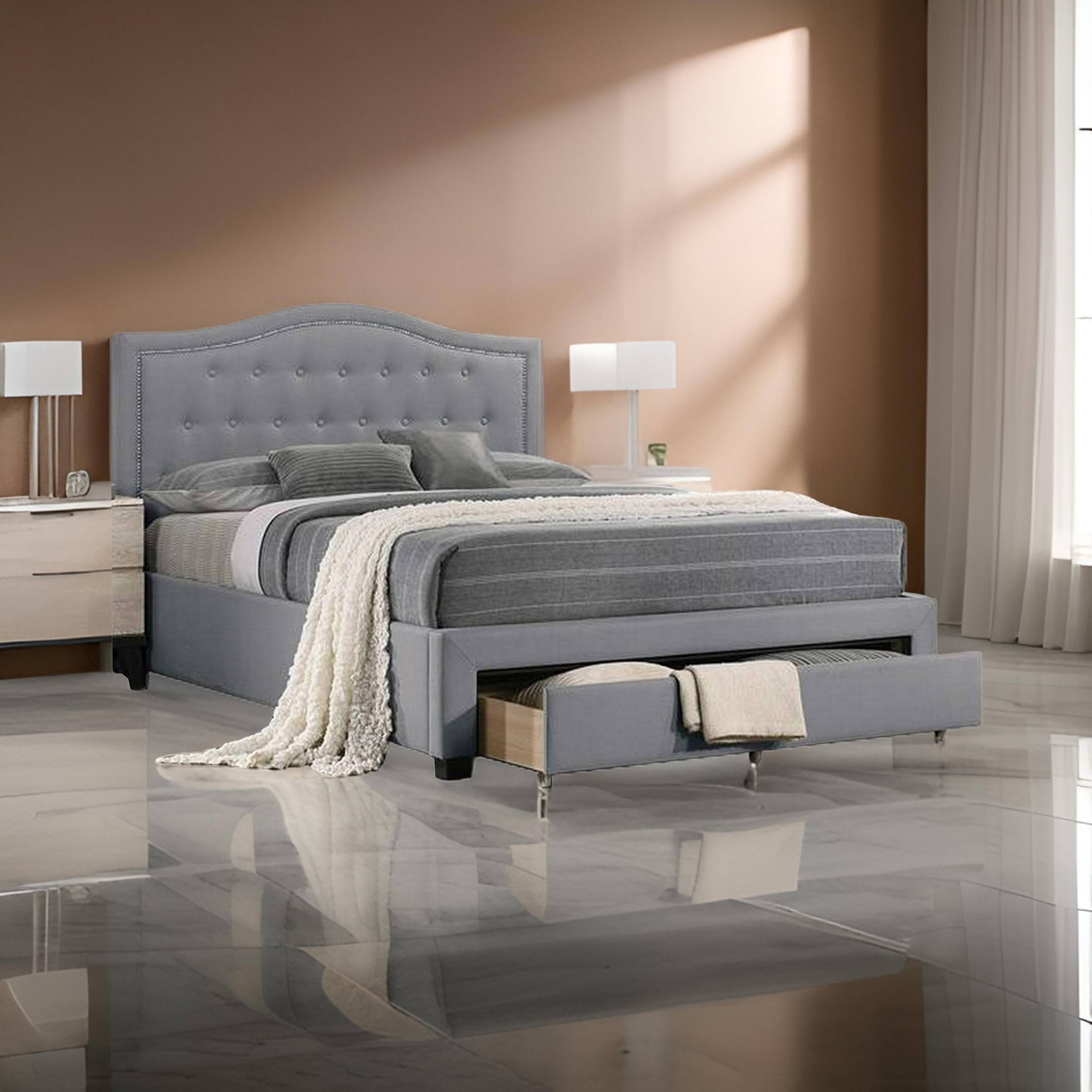 Alt View 5. Manhattan Lane - Buk Wood Full Bed, Button Tufted Upholstered, Nailhead Trim - Gray.
