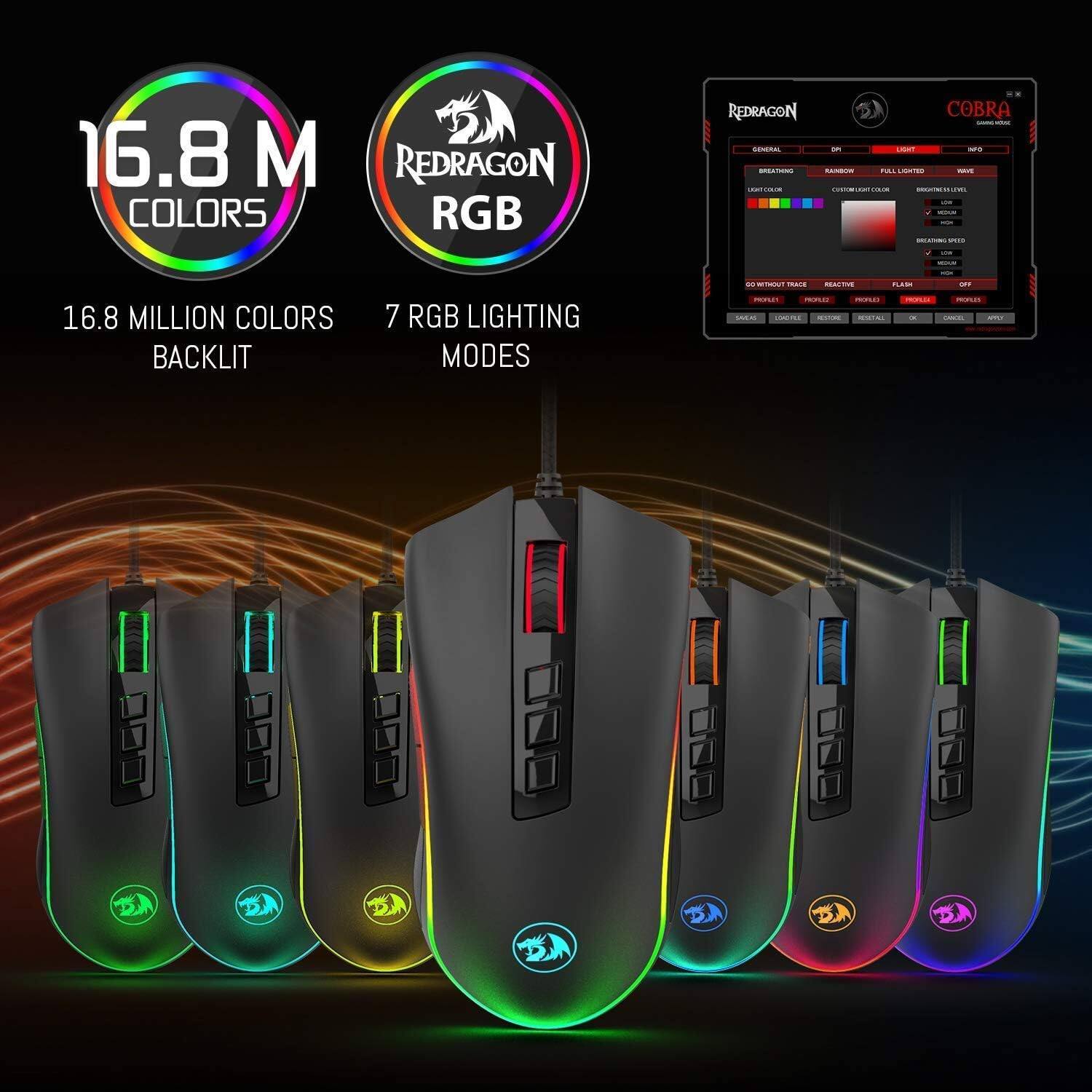 16.8 M COLORS  
REDRAGON RGB  
REDRAGON COBRA CIENERAL * LIGHT aro BREATIONG KILNBOW FULL LIGHTED mays BOXINE 00.00000000000 BROCK ICE V YOU - mon CIPO  
de  
MAR  
-  
WITHOUT TRACE  

PLACK  
OFF  
16.8 MILLION COLORS BACKLIT  
7 RGB LIGHTING MODES  
PROPLET PRODUCE 1000 colories and RESCAL  
PROPLIE MODILLES x cooh, NFO