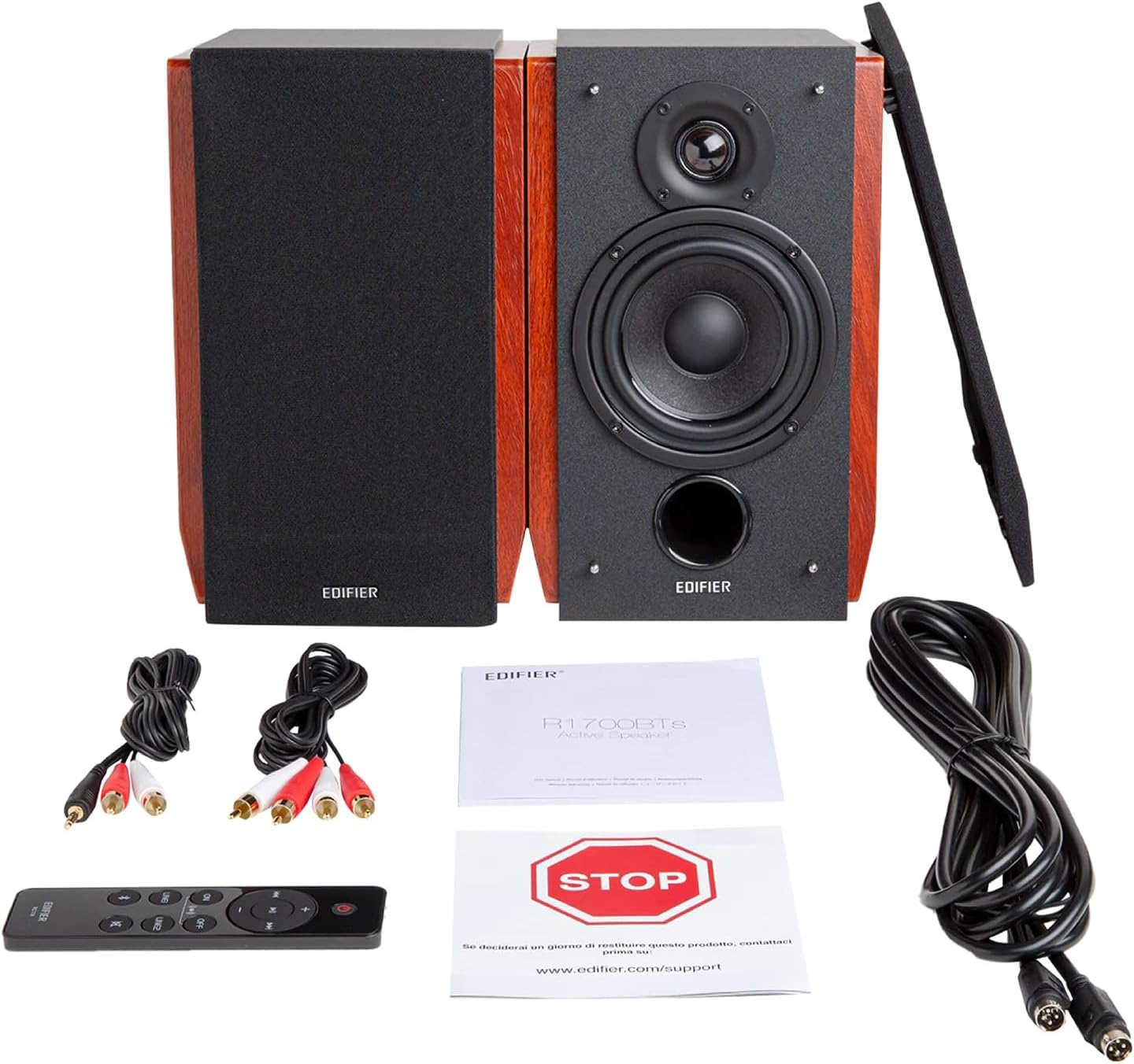 The text on the image reads "EDIFIER EDIFIER EDIFIER R1 O0BTS ACTIVE CCC 1E - P 2 8 M a - . STOP i ... Cm  Ck CO G .. CC i : [www.edifier.com/support](http://www.edifier.com/support)".