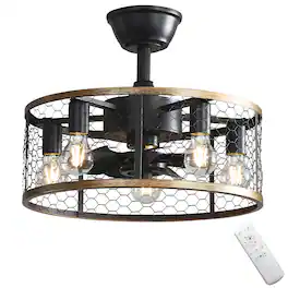 Sofucor - 20'' Rustic Fandelier Low Profile Caged Ceiling Fans with Light and Remote Indoor Downrod Bladeless Ceiling Fans - Black