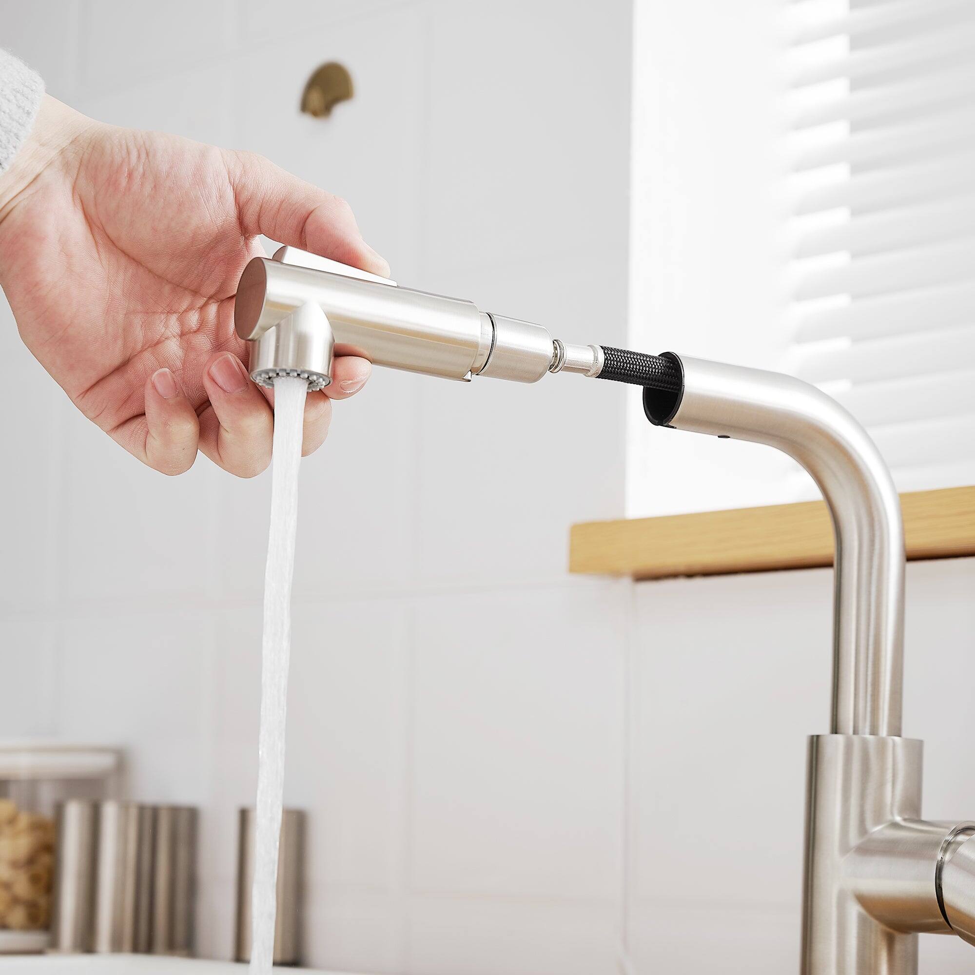 Alt View 10. Boyel Living - Brushed Nickel 2 Spray Patterns Stainless Steel Pull Out Kitchen Faucet with Water Supply Hoses - Brushed Nickel.