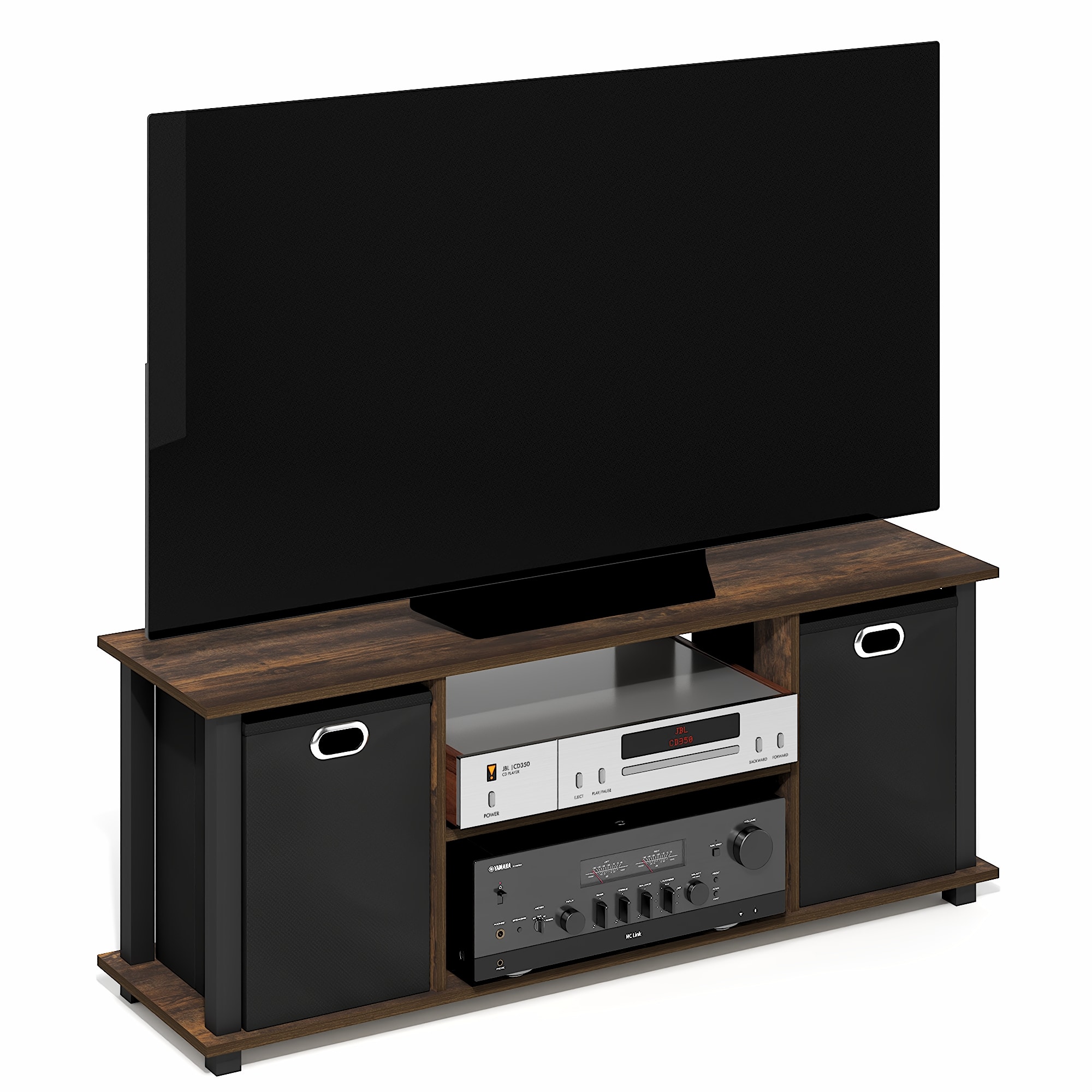 Furinno - ECON TV Stand, 3-Tier Rectangular Entertainment Center with Open Back and Storage Bins, TV Console for TV up to 46 Inch - Amber Pine/Black
