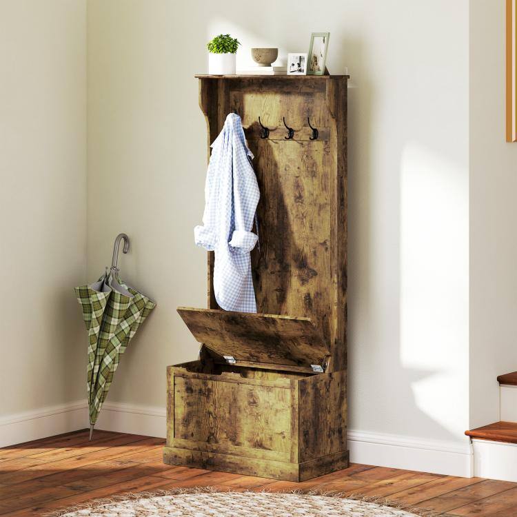 Alt View 2. PULUZ - Hall Tree with Coat Rack, Storage, and Sitting Bench - Rustic Brown.