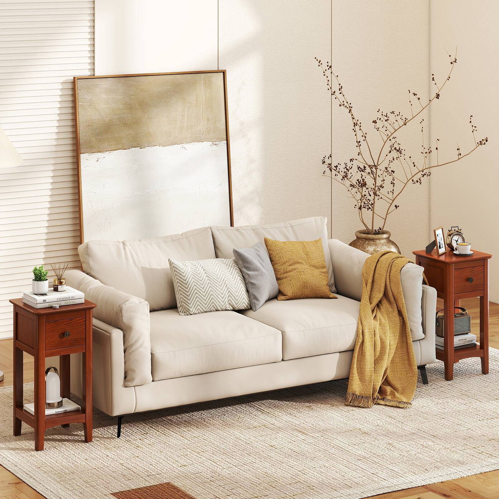 Alt View 4. Gymax - Gymax 2PCS Nightstand 3-Tier Bedside Table w/ Open Storage Shelf & Narrow Side Table Brown - Walnut.