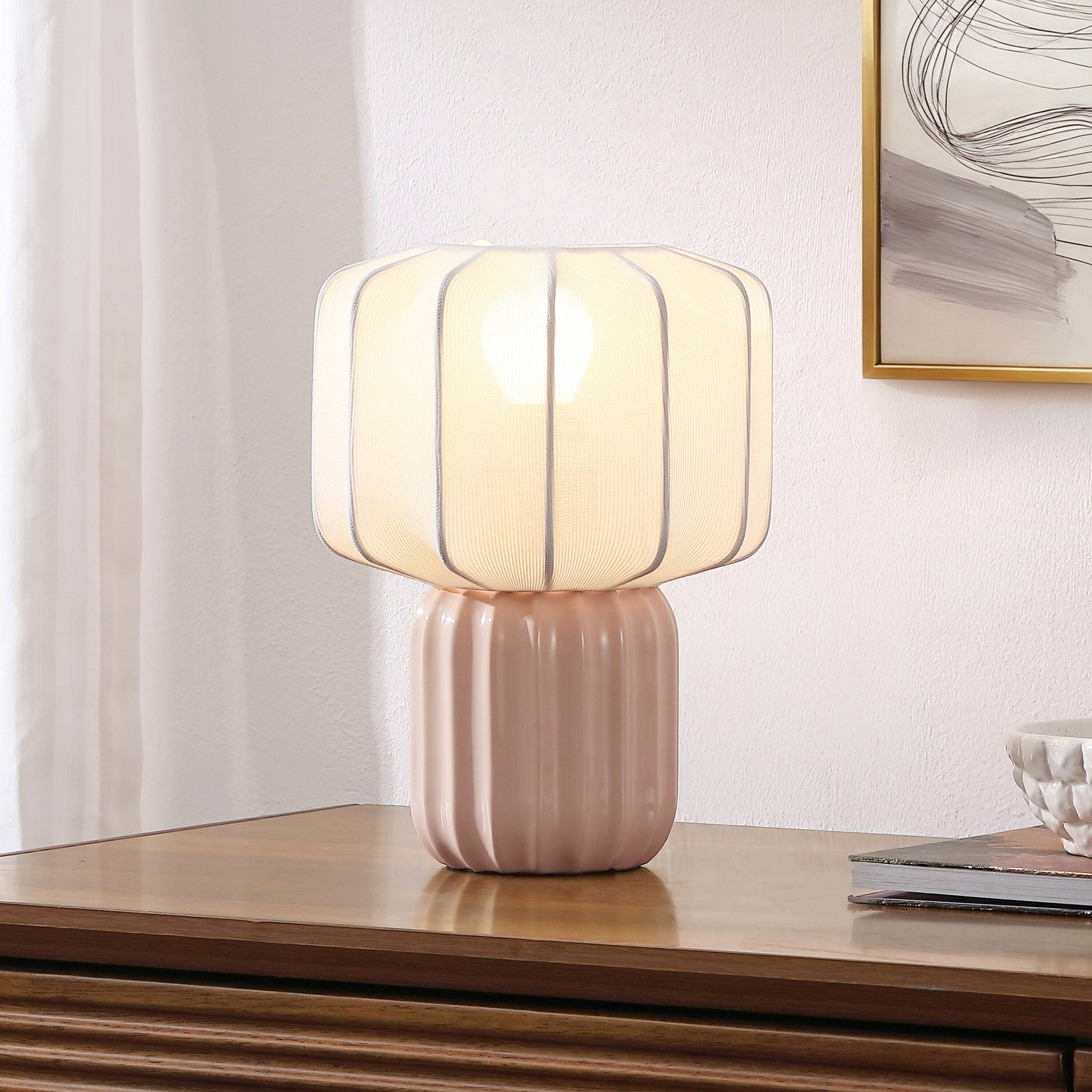 Alt View 1. Jonathan Y - Leola 10 in. Modern Contemporary Ceramic Fluted Mini with Ribbed Cocoon Pumpkin Shade LED Table Lamp, Light Pink/White - Light Pink.