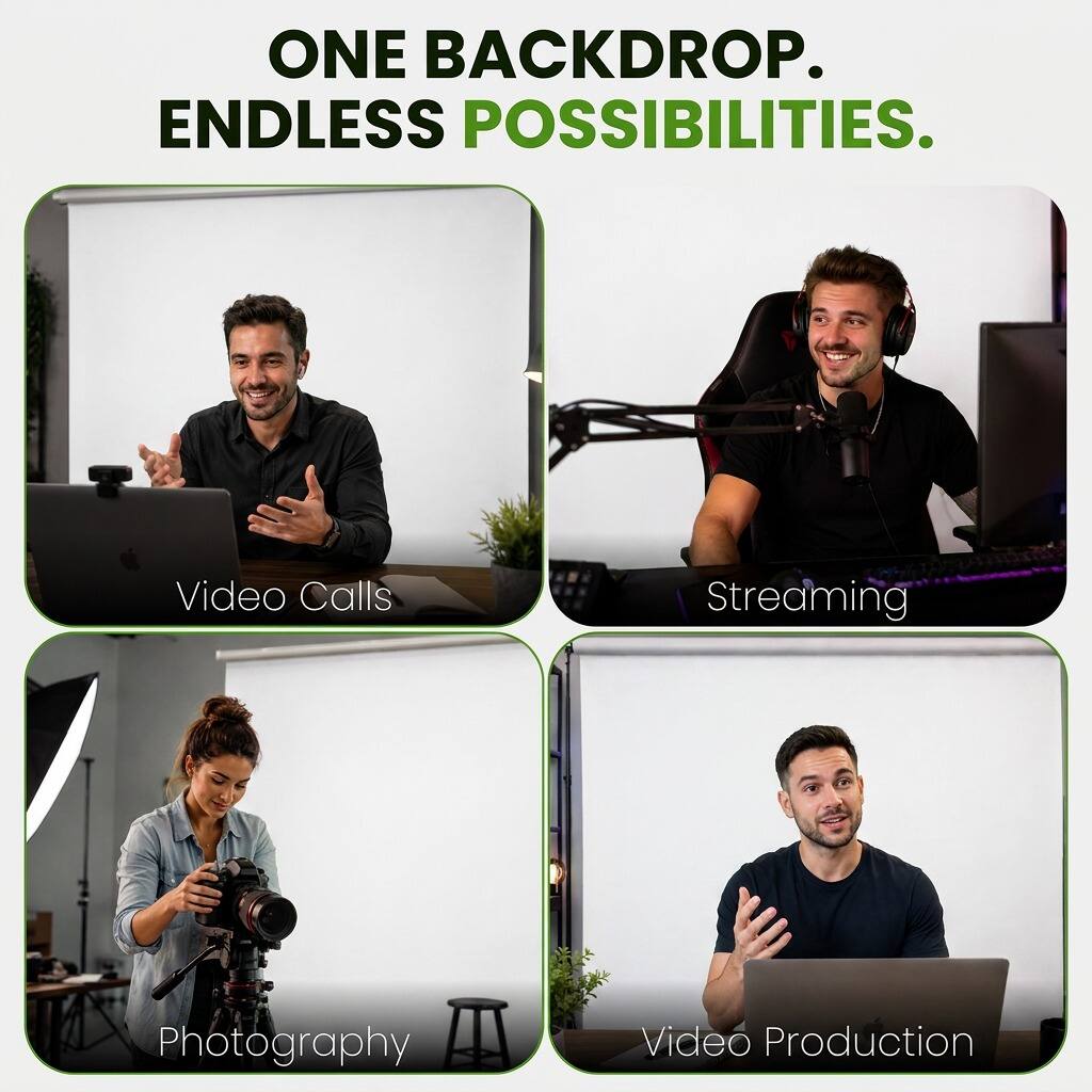 ONE BACKDROP. ENDLESS POSSIBILITIES.

- Video Calls
- Streaming
- Photography
- Video Production