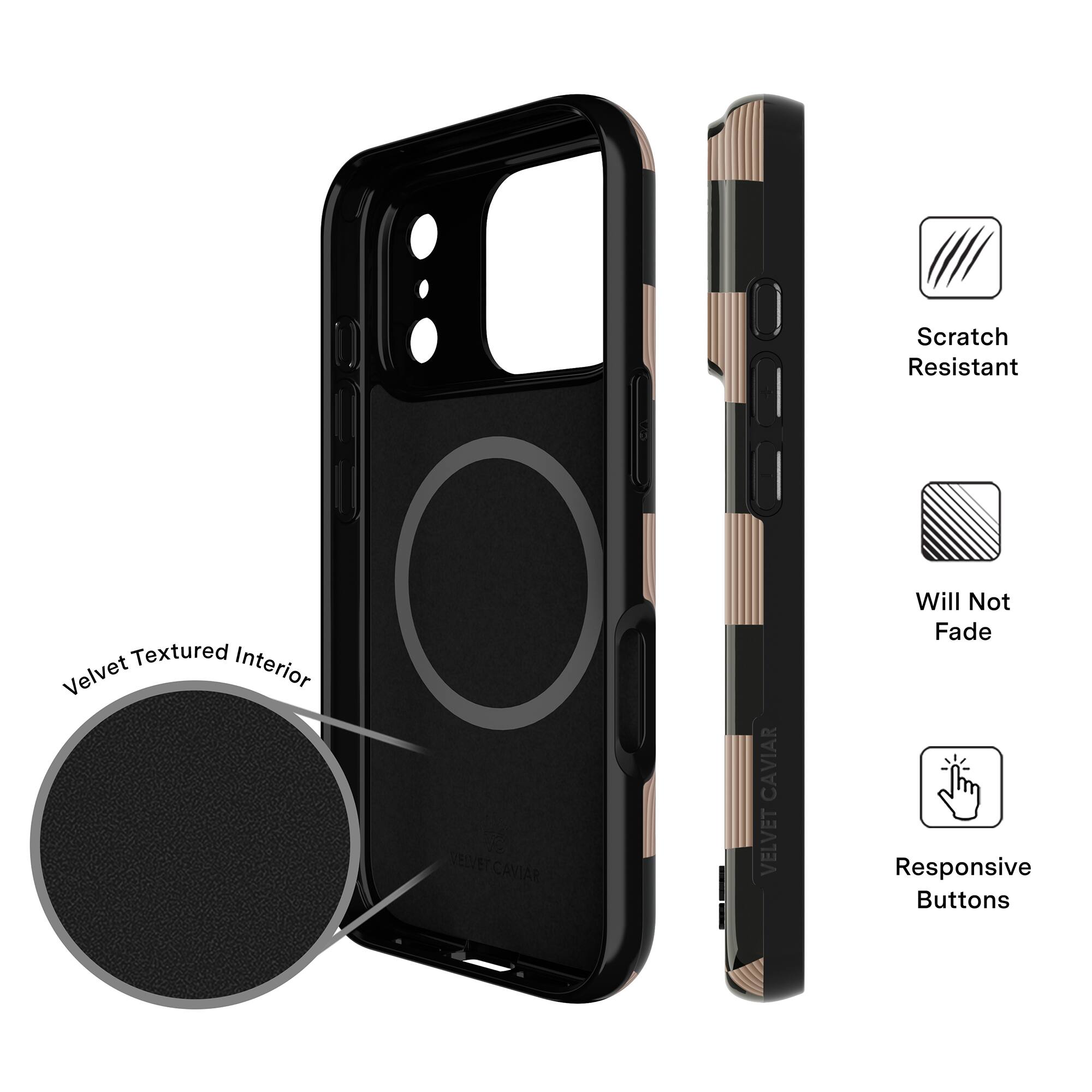 - Scratch Resistant
- Velvet Textured Interior
- Will Not Fade
- Responsive Buttons