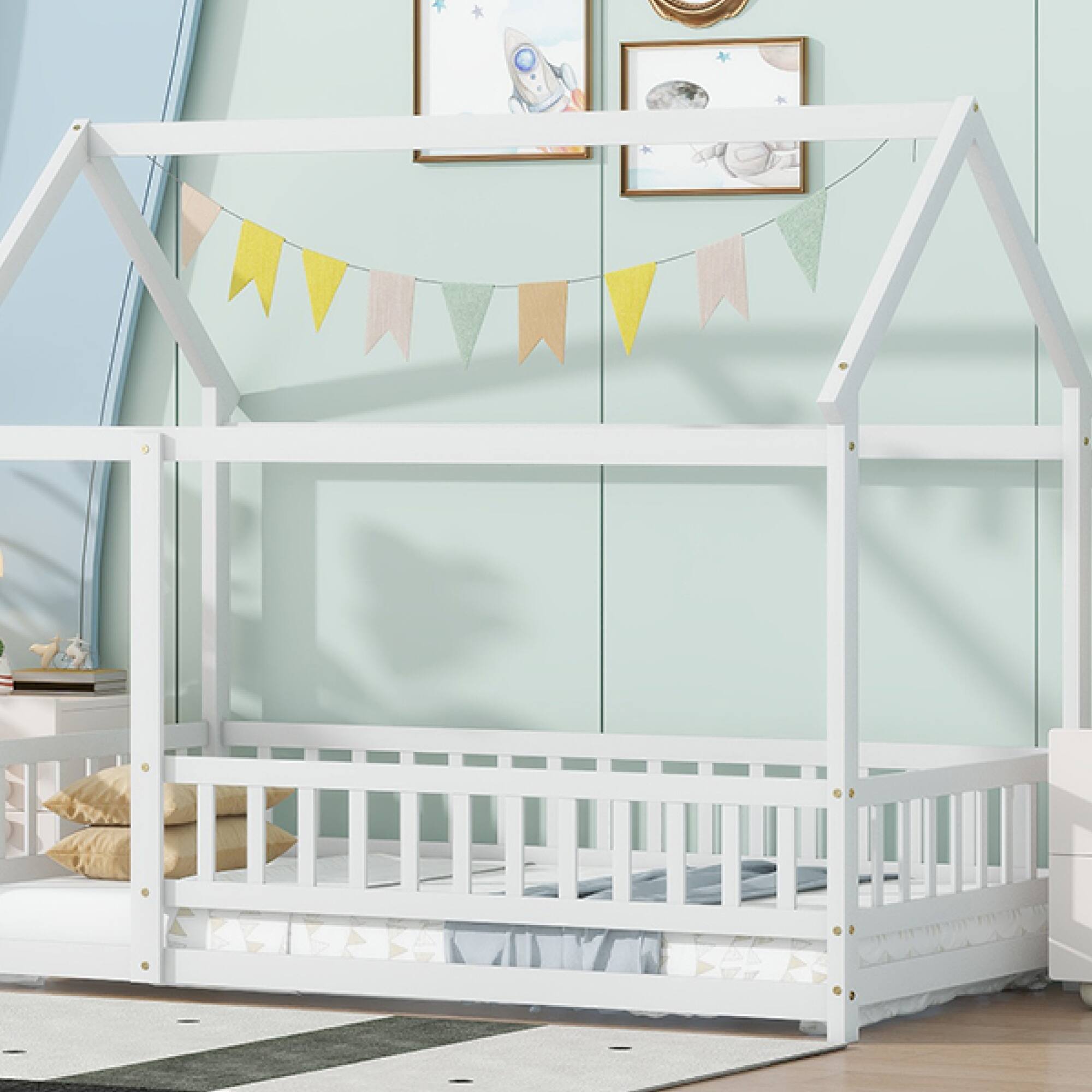 Alt View 4. GOODSILO - Twin Size House-Shaped Floor Bed with Safety Guardrails and Roof Frame, Grey Finish Wooden Playful Sleep Solution - White.