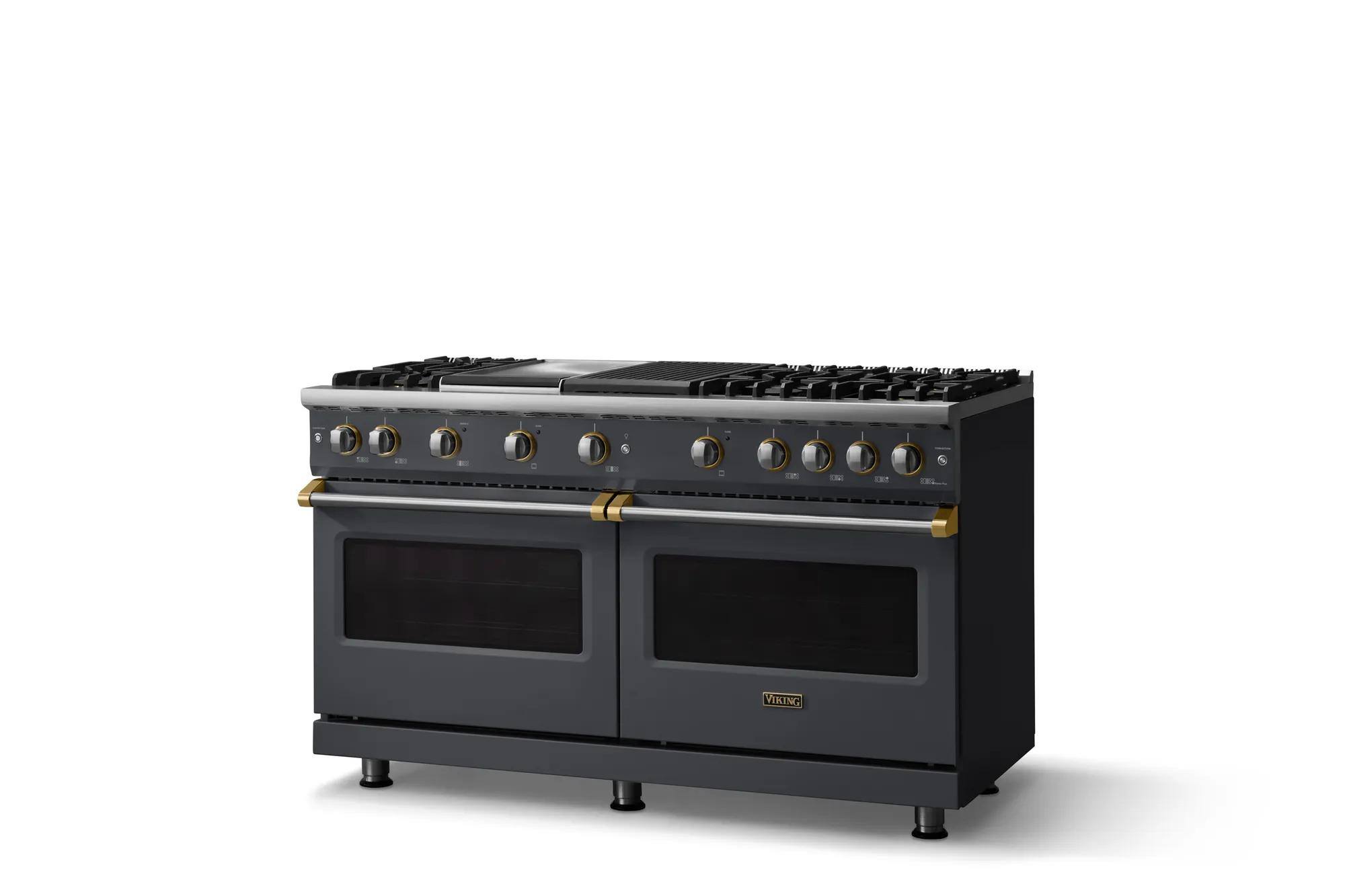 Angle. Viking - 60 in. Wide 6 Burner Pro 5 Series 8.0 Cu. Ft. Freestanding Sealed Burner LP Gas Convection Range with Brushed Brass Trim - Cast Black.