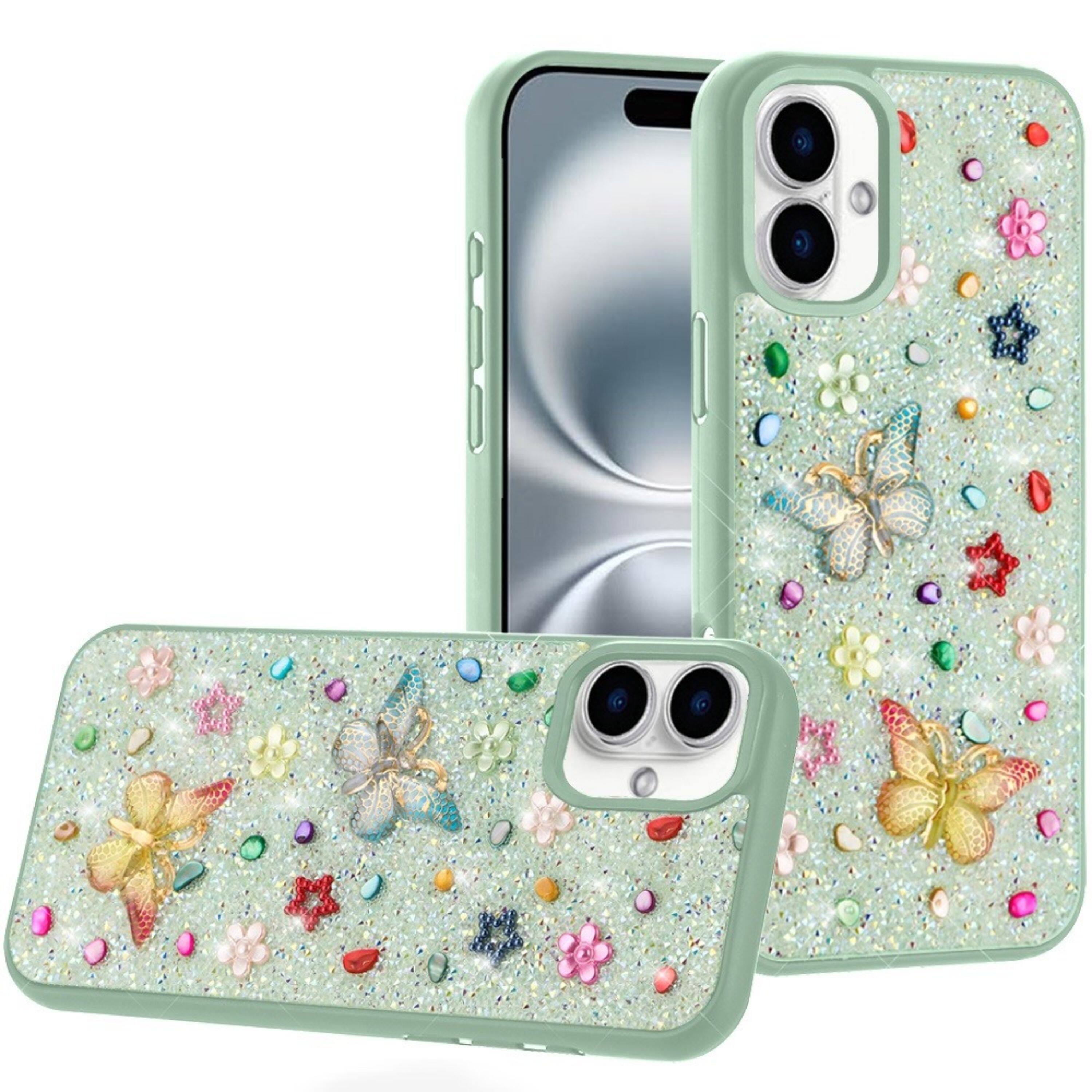 Front. Kitcheniva - Elegant 3D Butterfly Glitter Jewel Protective Case With Tempered Glass For iPhone 16 Plus Teal - Teal.