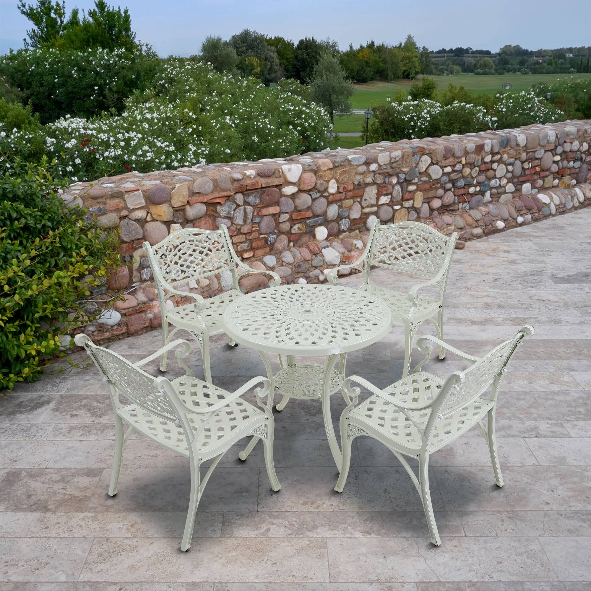 Left. Mondawe - 5-Piece Cast Aluminum Outdoor Dining Set with Round Table and 4 Chairs - White.