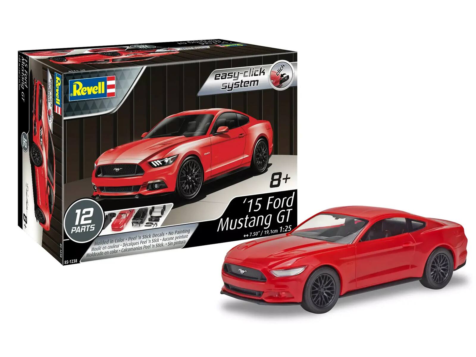 Sure, here is the corrected and grouped text from the image:

---

**Revell**

**easy-click system**

**8+**

**'15 Ford Mustang GT**

**12 PARTS**

**Molded in Color • Peel 'n Stick Decals • No Painting**

**Moule en couleur • Décalques Peel 'n Stick • Aucune peinture**

**Moldeado en color • Calcomanías Peel 'n Stick • Sin pintura**

**7.50" / 19.1cm 1:25**

**85-1238**

---

This text is organized to reflect the information on the packaging of the model kit.