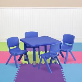 Emma + Oliver - 24" Square Plastic Height Adjustable Activity Table Set with 4 Chairs - Blue