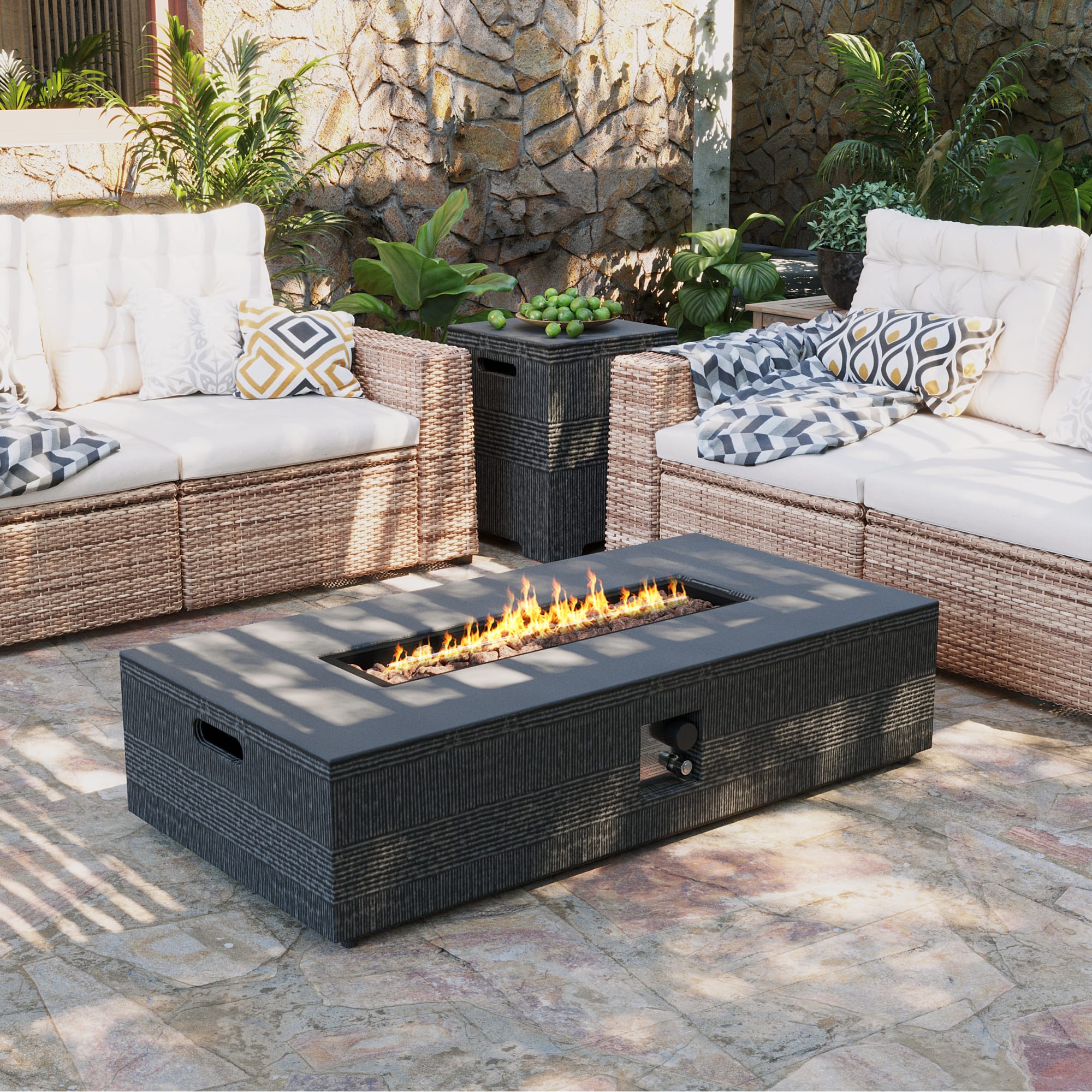 UPHA - 56-inch Outdoor Propane Gas Fire Pit Table 50000 BTU Concrete Round FirePit with Propane Tank Cover - Gray