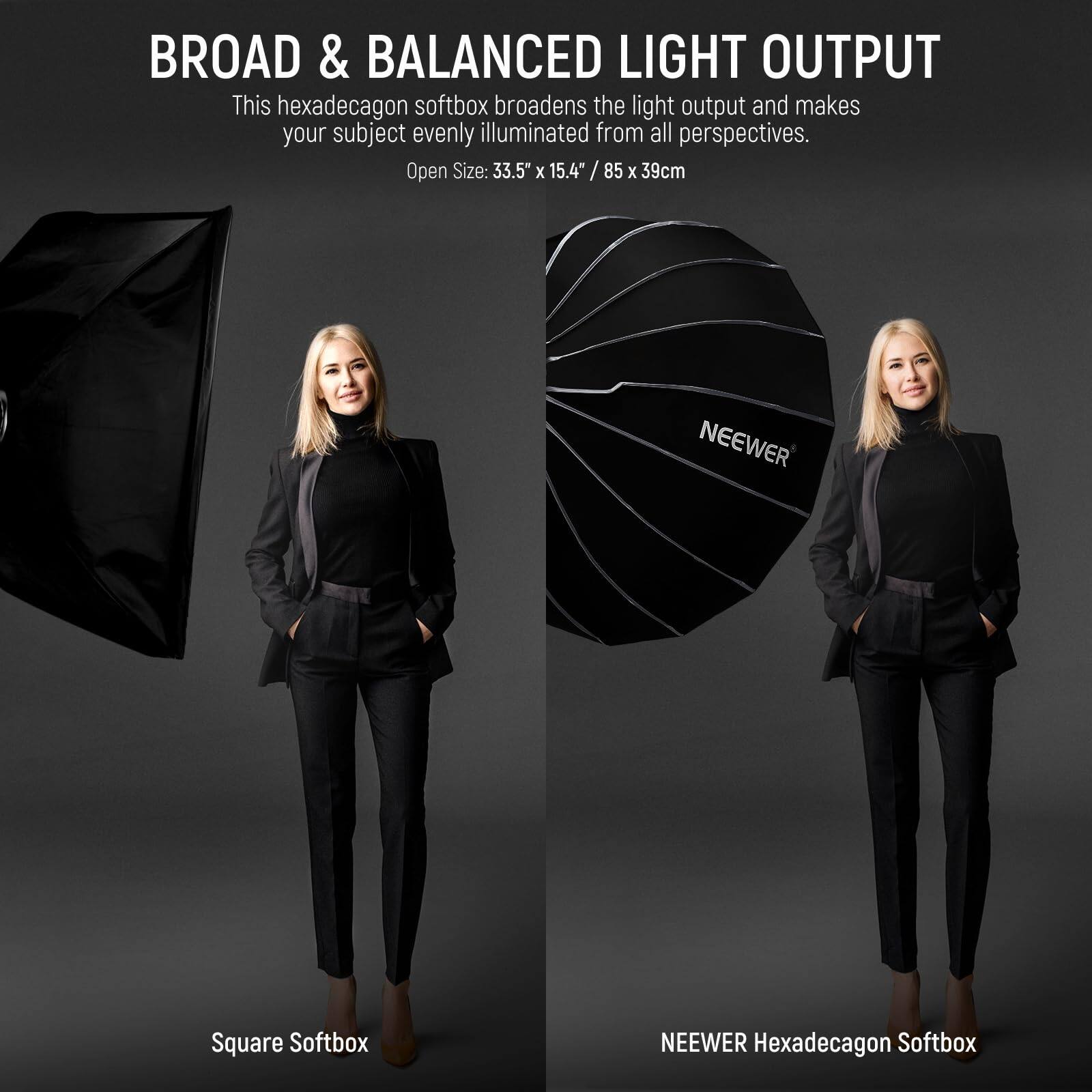 BROAD & BALANCED LIGHT OUTPUT

This hexadecagon softbox broadens the light output and makes your subject evenly illuminated from all perspectives.

Open Size: 33.5" x 15.4" / 85 x 39cm

NEEWER Square Softbox

NEEWER Hexadecagon Softbox