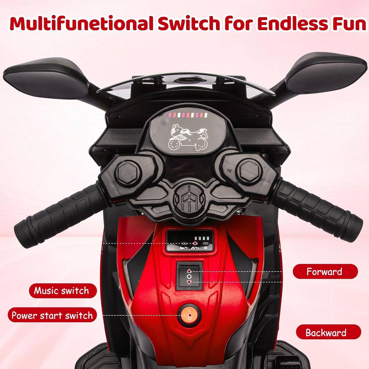 Multifunctional Switch for Endless Fun

- Music switch
- Power start switch
- Forward
- Backward