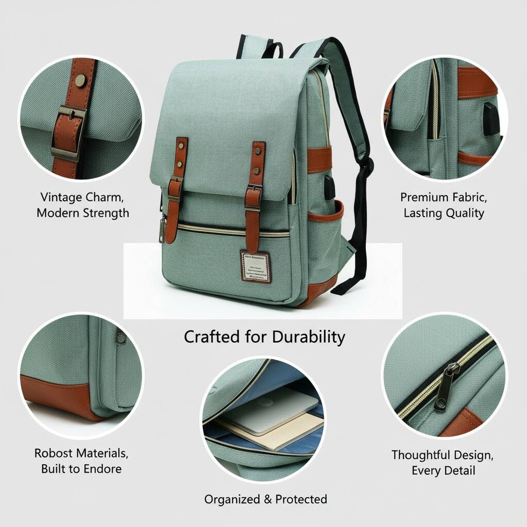 Vintage Charm, Modern Strength  
Premium Fabric, Lasting Quality  
Crafted for Durability  
Robust Materials, Built to Endure  
Thoughtful Design, Every Detail  
Organized & Protected