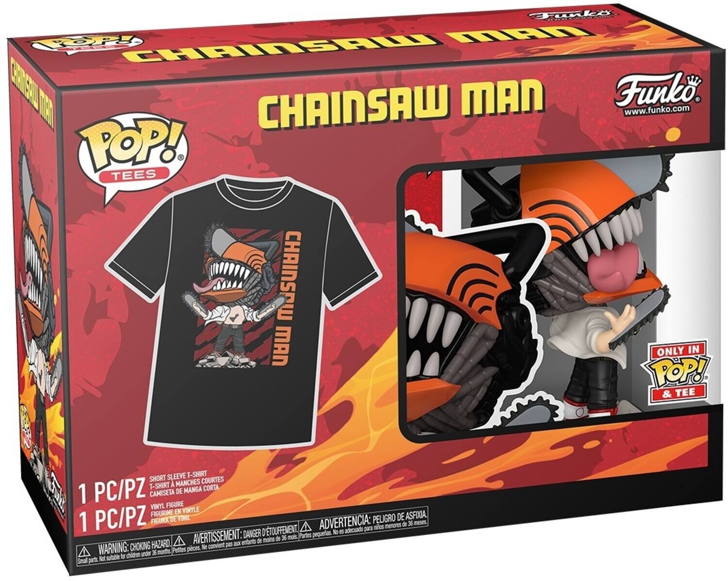 POP! TEES CHAINSAW MAN ONLY IN POP! & TEE SLEEVE T-SHIRT SHORT COURTES T-SHIRT A MANCHES PC/PZ DE MANGA CORTA  1 CAMISETA VINYL FIGURINE FIGURE EN VINTLE PC/PZ DE VINIE PELIGRO DE ASFIOA 1 FIGHK ADVERTENCIA: de x meses. A pr mios menores AVERTISSEMENT DANGER D'TOUFFEMENT mois. Partes pequelas No e adecuado A de moins de J6 HAZARD, convient pas a entants WARNING: CHOKING moths Petites pieces. N chidren under 3 Niet subable to Smal parts dunl X HOR TIRI CHAINSAL CENEENL V CHAINSAW MAN Funko. www.funko.com