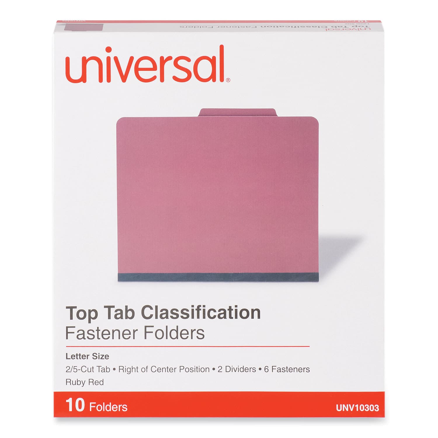 Universal - Bright Colored Pressboard Classification Folders, 2" Expansion, 2 Dividers, 6 Fasteners, Letter Size, Ruby Red, 10/Box