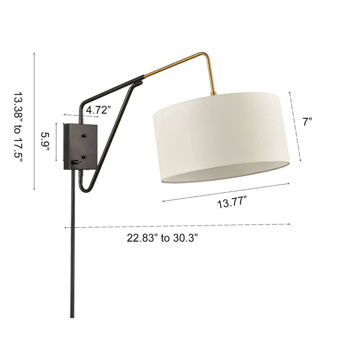 - 13.38" to 17.5"
- 5.9"
- 4.72"
- 7"
- 13.77"
- 22.83" to 30.3"