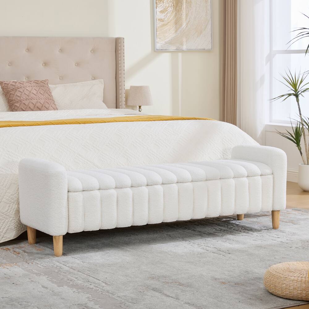 Angle. Ropilly - Ropilly Modern Upholstered End of Bed Bench Teddy Fabric Flip Top Storage Bench with Armrests Ivory - Ivory.