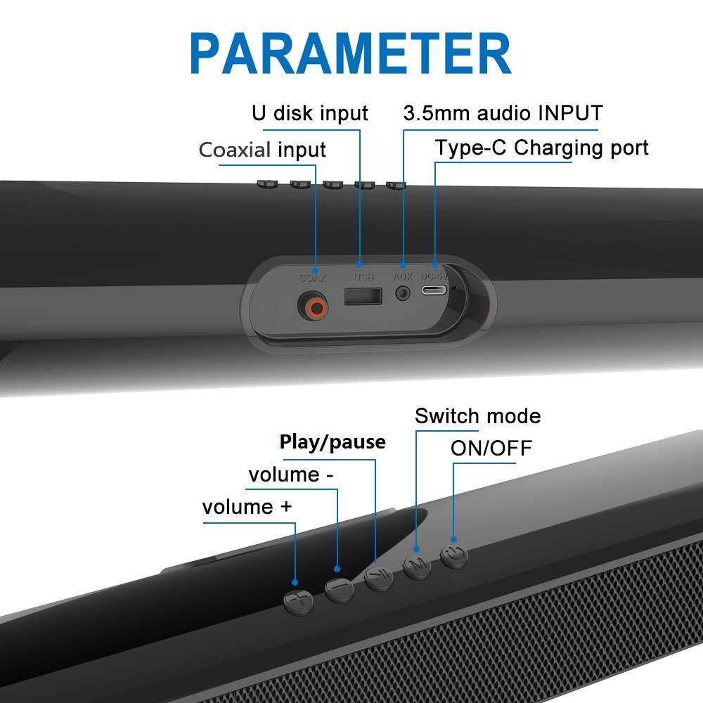 PARAMETER

- U disk input
- Coaxial input
- 3.5mm audio INPUT
- Type-C Charging port

- Play/pause
- volume -
- volume +
- Switch mode
- ON/OFF