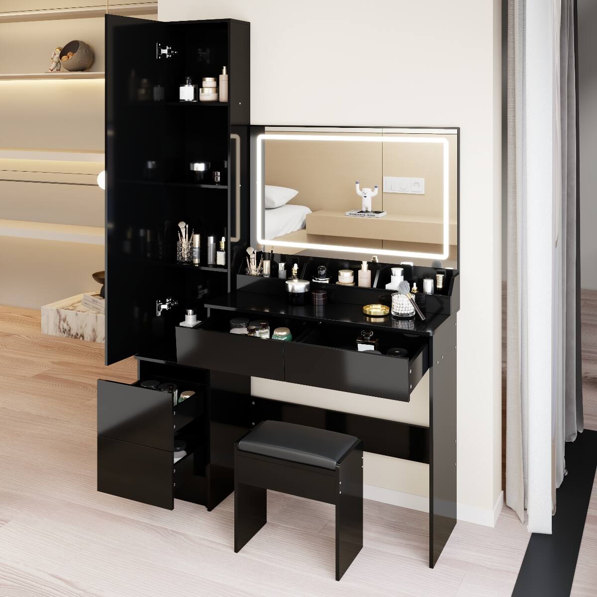 Alt View 10. Loheer - Loheer Extra Large LED Makeup Vanity with Full Body Mirror Cabinet and Cushioned Stool, Black - Black.