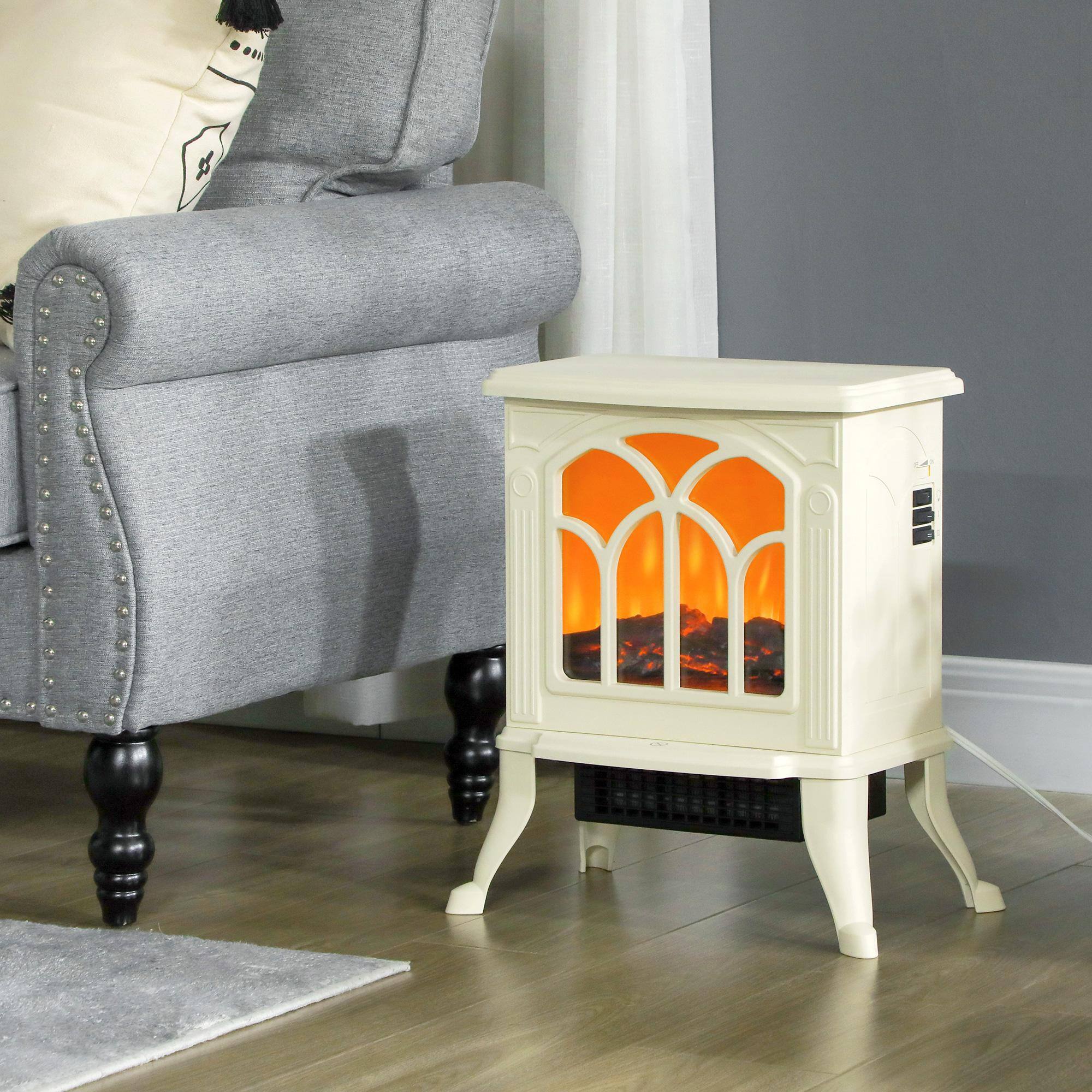 Alt View 4. Resenkos - Electric Fireplace Heater, Freestanding Fireplace Stove with Realistic Logs and Flame Effect, Beige - Beige.