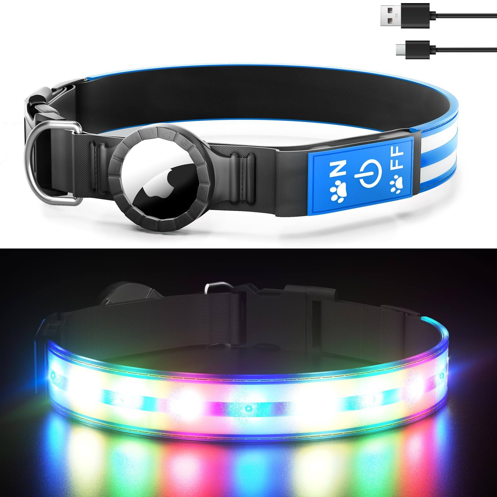 Front. Leash Valley - Airtag Collar Light Up With Holder - Rechargeable Led Glowing Adjustable Outdoor Ip54 Waterproof For Dogs Airtag Dog - Blue-XS(7.87-11.8").