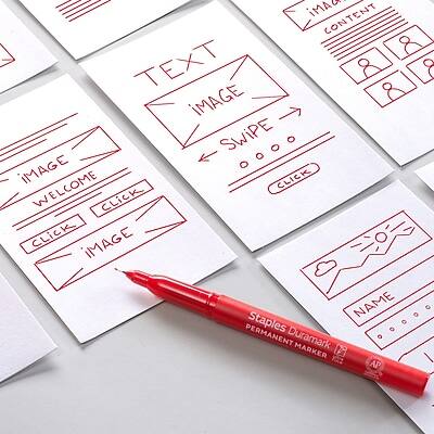 Sure, here is the corrected and grouped text from the image:

1. **TEXT**
   - IMAGE
   - SWIPE
   - CLICK

2. **IMAGE**
   - WELCOME
   - CLICK
   - IMAGE

3. **IMAGE CONTENT**
   - 8
   - 8
   - 8

4. **NAME**
   - ...

5. **Staples Duramark**
   - PERMANENT MARKER

6. **AP** (on the marker)