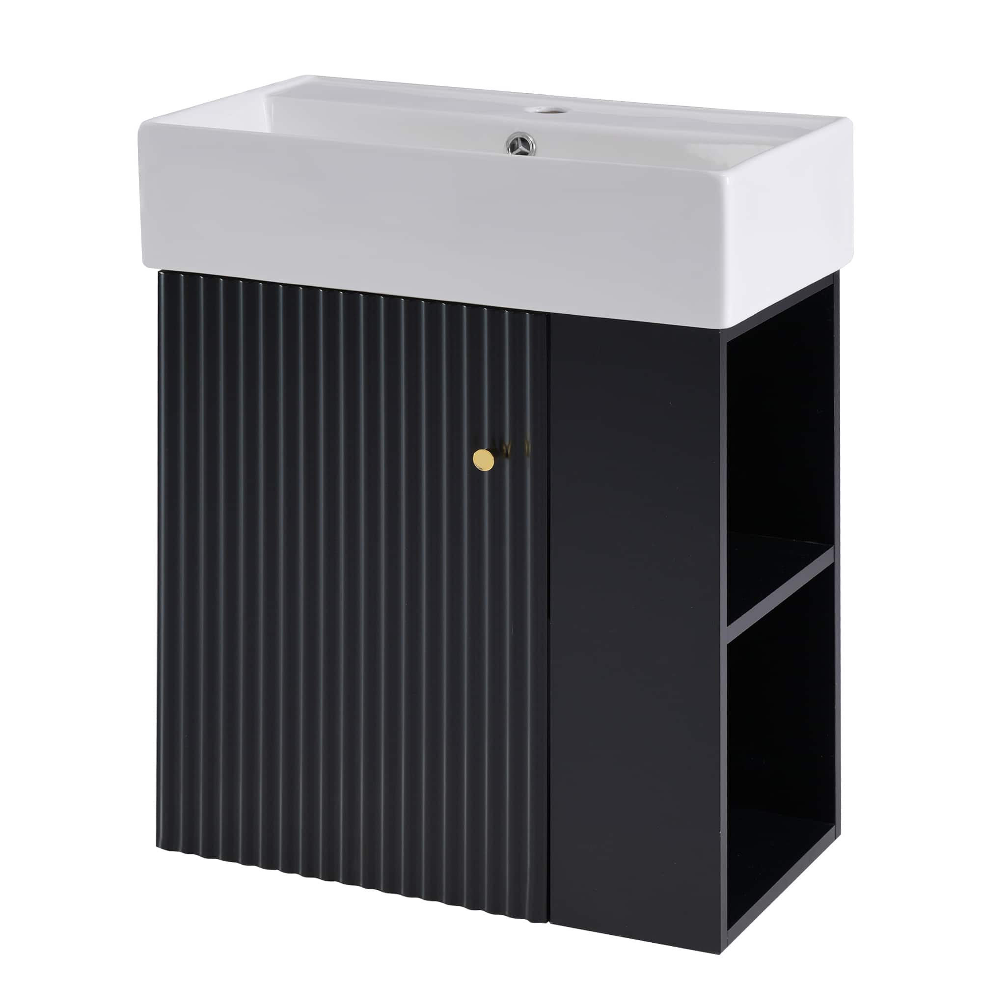 Glintex - 21.6" Modern Floating Bathroom Vanity with Ceramic Basin - Perfect for Small Bathrooms, Right side storage - Black