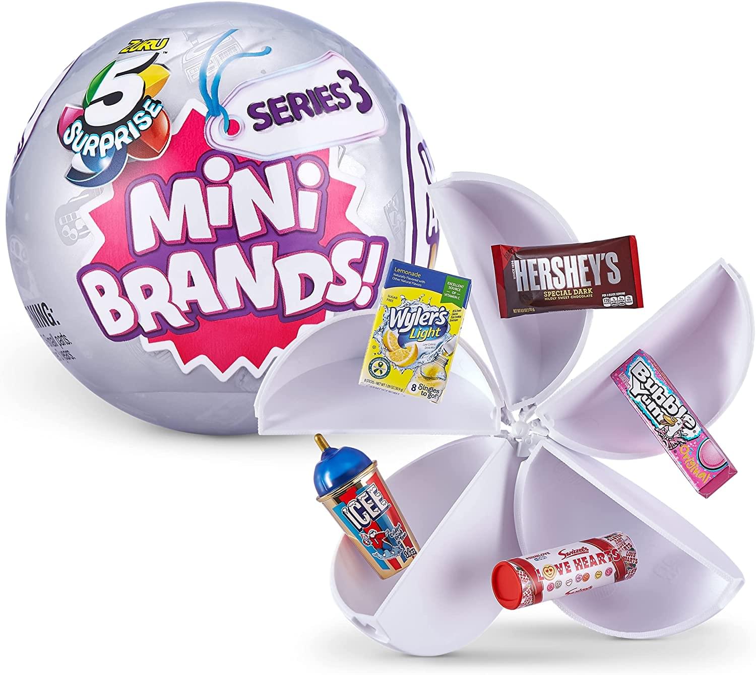 ZRU SURPRISE SERIES 3  
MINI BRANDS!  

- Lemonade M  
- Hershey's Special Dark  
- Wyler's Light  
- Bubble Gum  
- Icee  
- Love Hearts