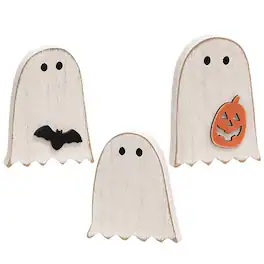 BreeBe - 3/Set Distressed Wooden Ghost & Friend Sitters - White, Orange, Black