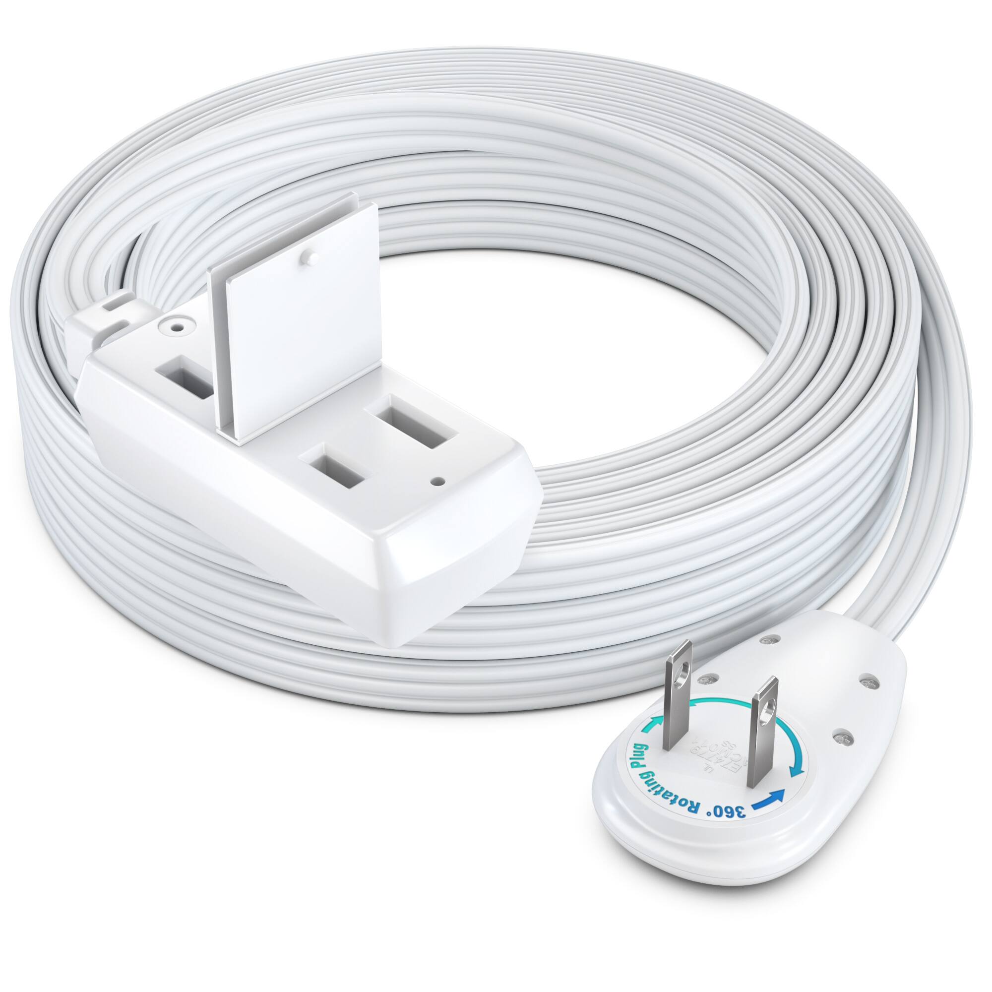 Maximm - 15ft 360° Rotating Flat Plug Extension Cord/Wire, 16 AWG Multi 3 Outlet, 2 Prong with Safety Cover - UL Certified - White