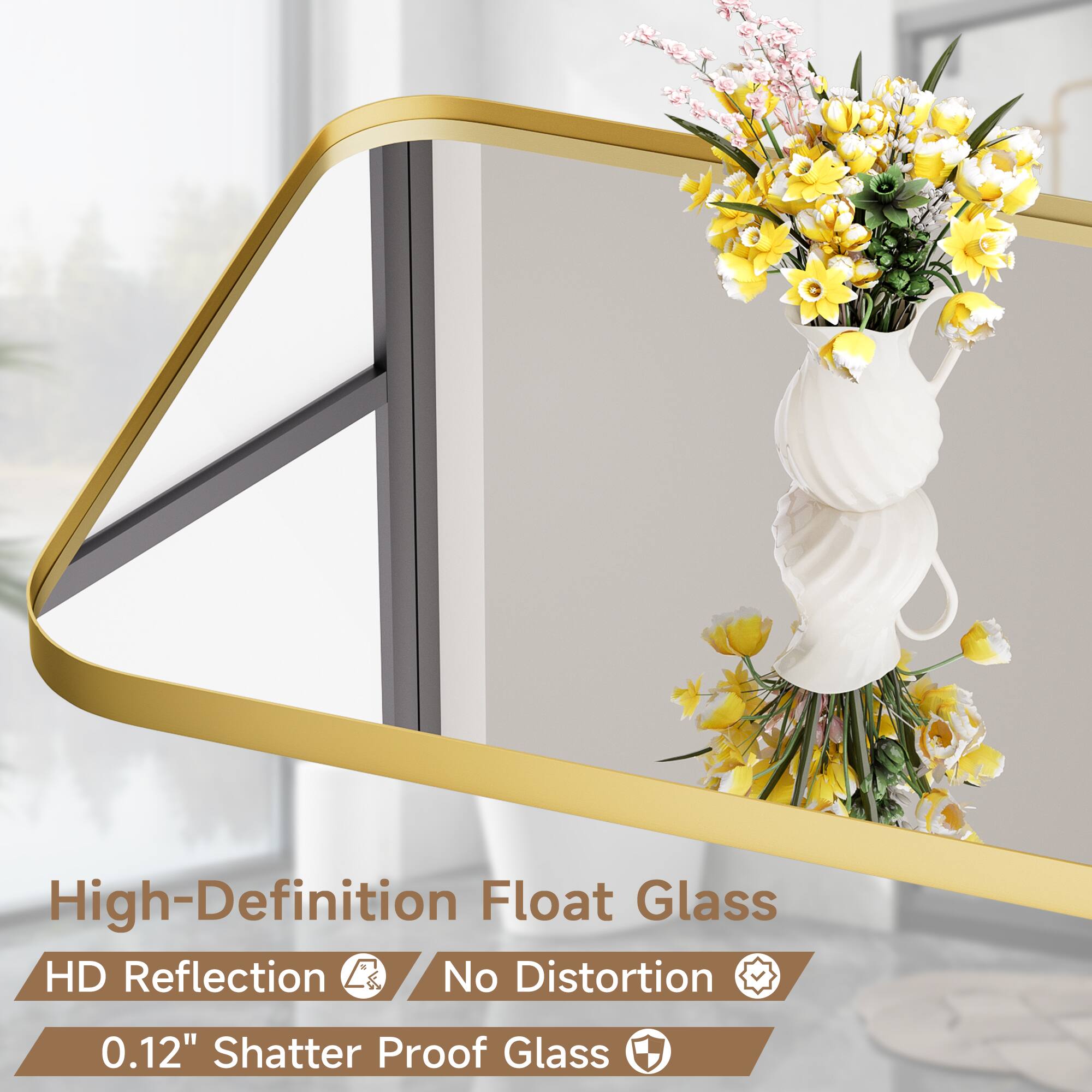 High-Definition Float Glass with HD Reflection and No Distortion, 0.12" Shatter Proof Glass.