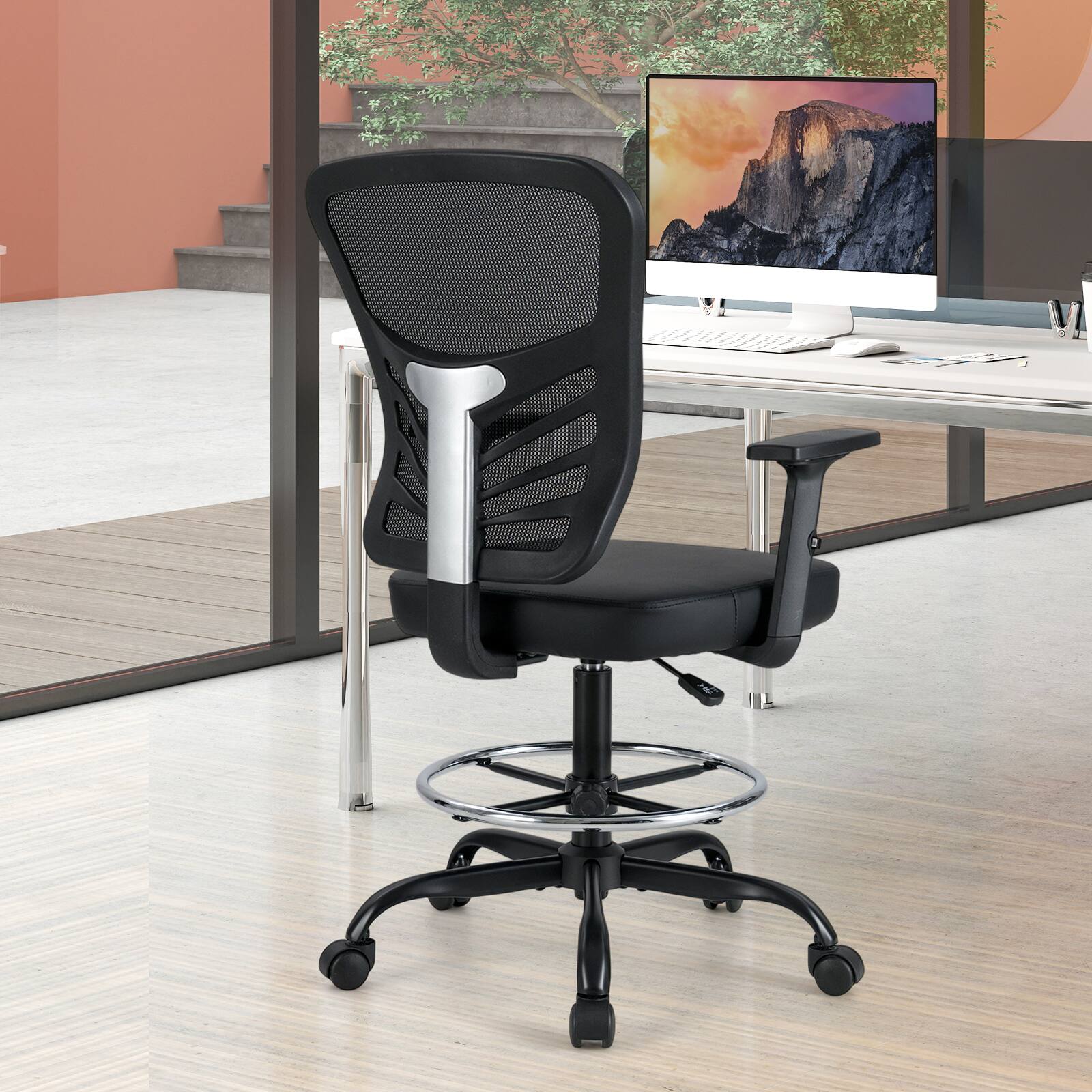 Alt View 3. Costway - Costway Mesh Drafting Chair Office Chair w/Adjustable Armrests & Foot-Ring Black - Black.