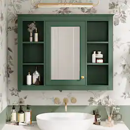 Z-Edge - 35'' x 28'' Medicine Cabinet, Wall Mounted Bathroom Storage Cabinet, Modern Mirror Cabinet with Door and 6 Open Shelves - Green